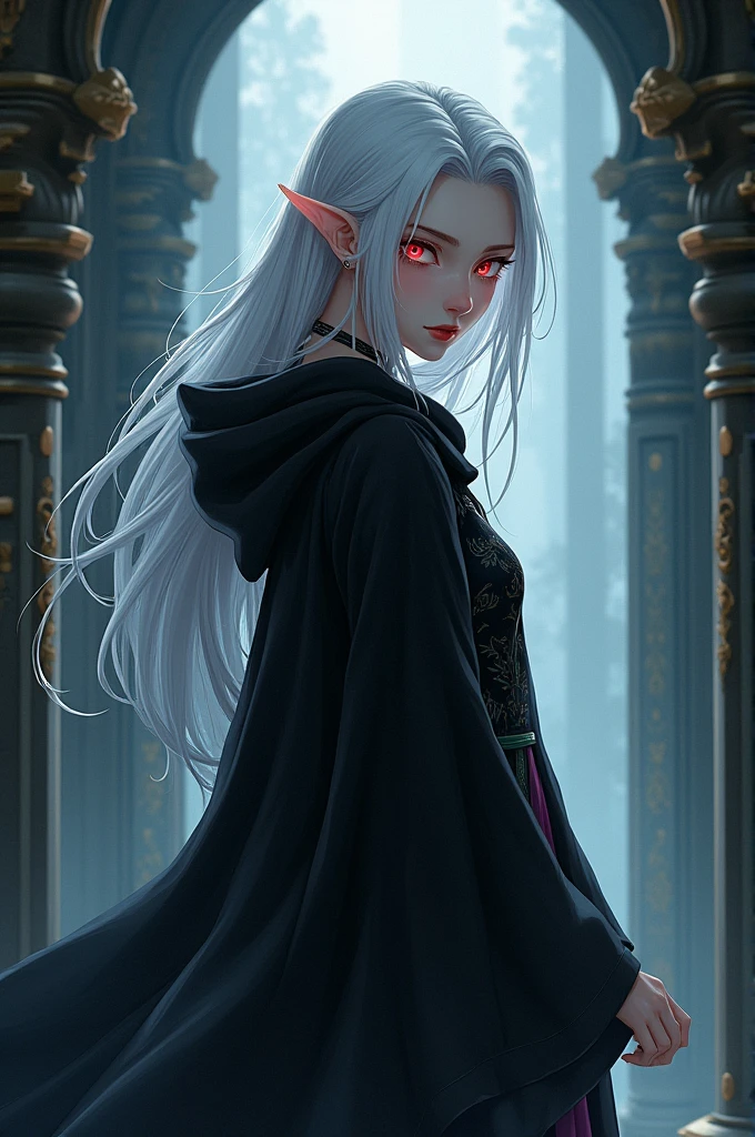 Anime style. Full body shot. Elf woman of white hair and red eyes, she wears black robe with a hood on and Chinese long dress under it. She stands with her back to the camera looking over her shoulder and giving a mischievous grin.