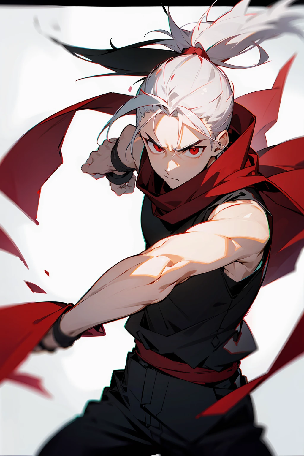 1male, Adult, Ponytail, White Hair, Black Sleeveless Shirt, Baggy Black Pants, Red Eyes, Red Scarf, Fighting Stance, Front Facing