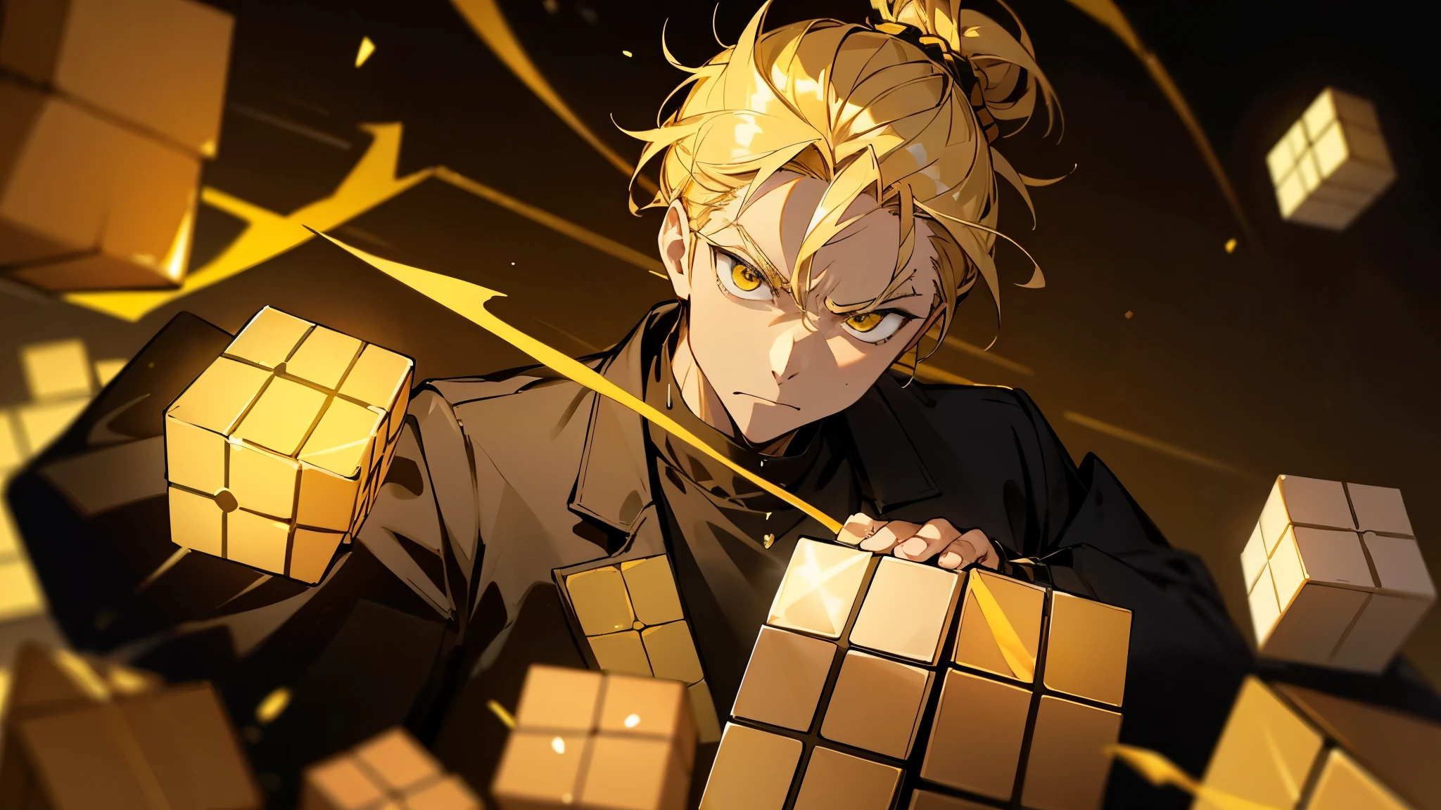 blonde hair, golden eyes, hair tied up into a bun, yellow detailed light from rubiks cube, black jacket, golden shirt, mature male, muscular, serious expression, yellow rubiks cube
