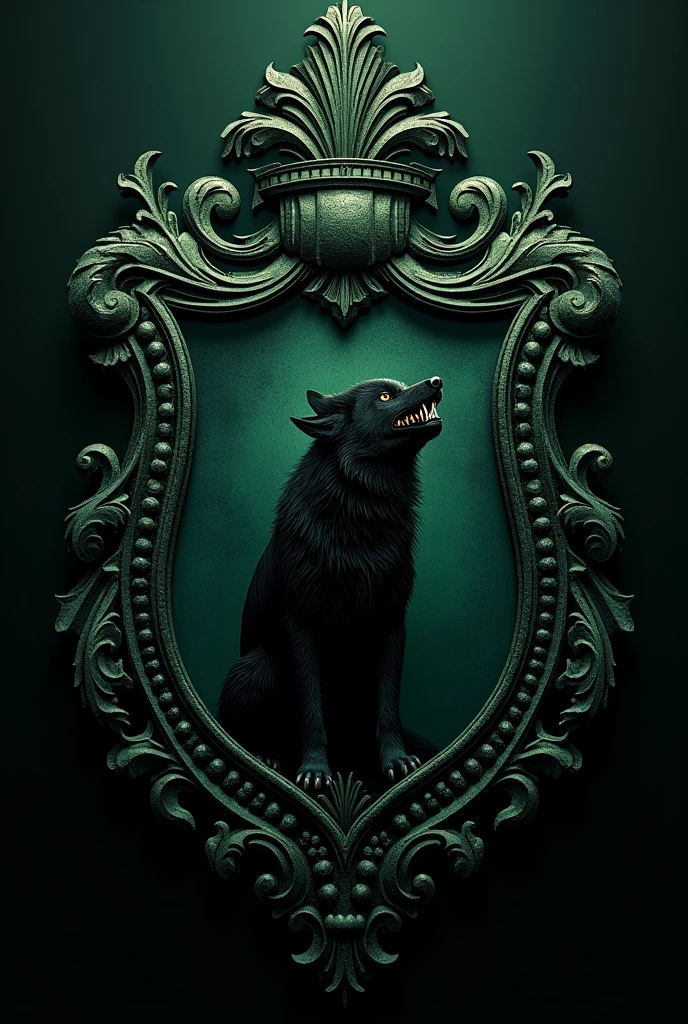 The coat of arms is the emblem of the Necromancy faculty at Hogwarts. The color is dark green, the emblem has a black wolf with a grin. The symbolism of necromancy.
