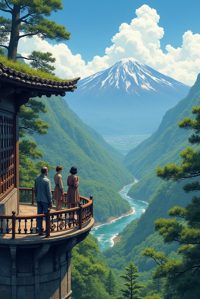 there are two people standing on a balcony overlooking a valley, with matsu pine trees, ayami kojima and greg rutkowski, Rob Rey and Kentarõ Miura, frank franzzeta and sakimichan, sakimichan and frank franzzeta, overlooking a valley, kilian eng and thomas kinkade