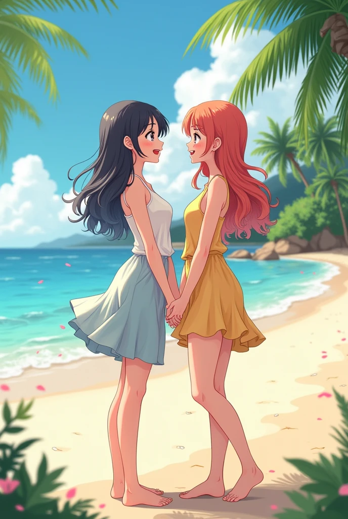 Two anime Girls couple beach date Fullbody cute poses