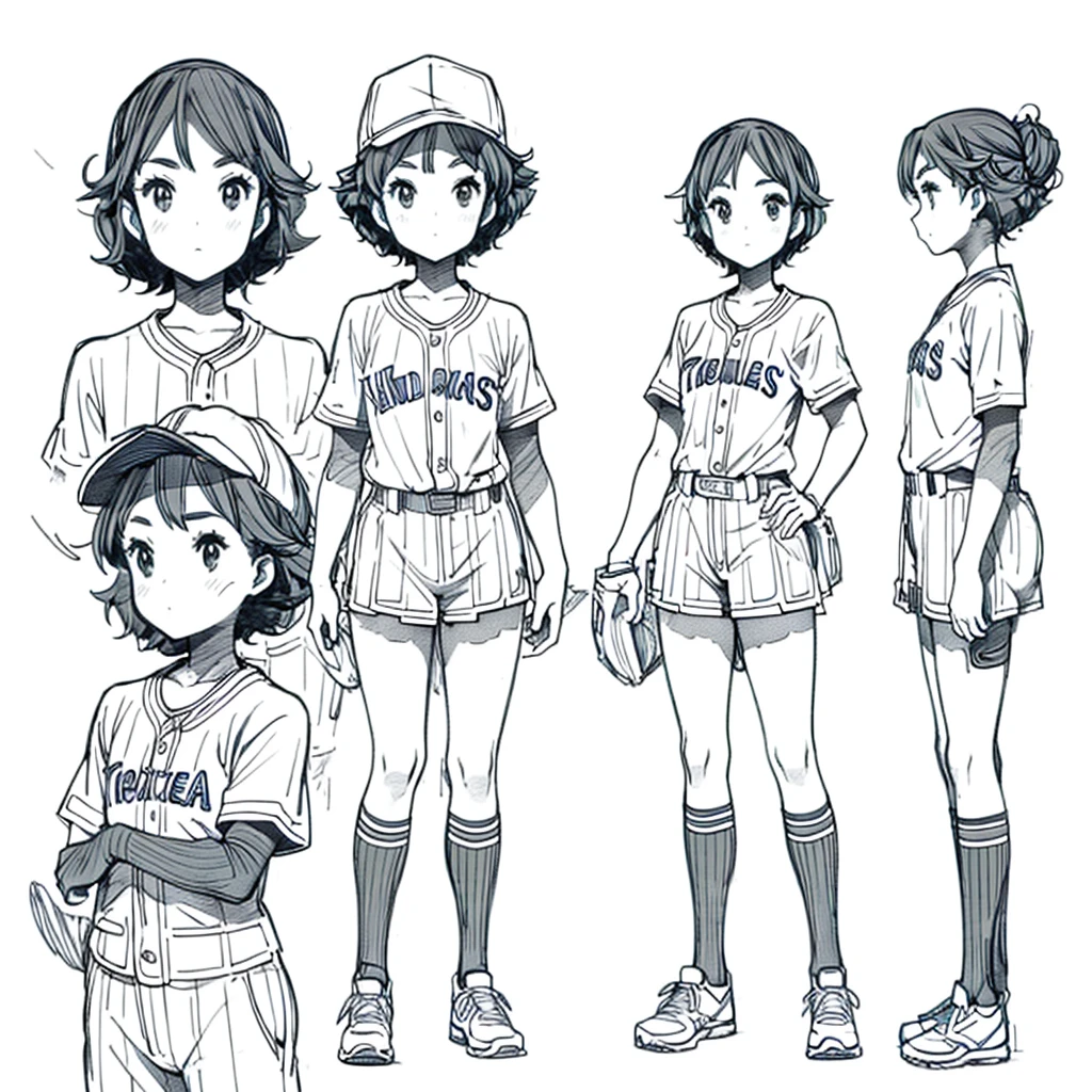 character design, 1 young girl dressed in baseball uniform with baseball cap, short curly hair, character sheet, Conceptual art, different poses, good proportions, detailed, complete bodies, 2d, Line art, sketch, character sheet, 2k, multiple poses and expressions