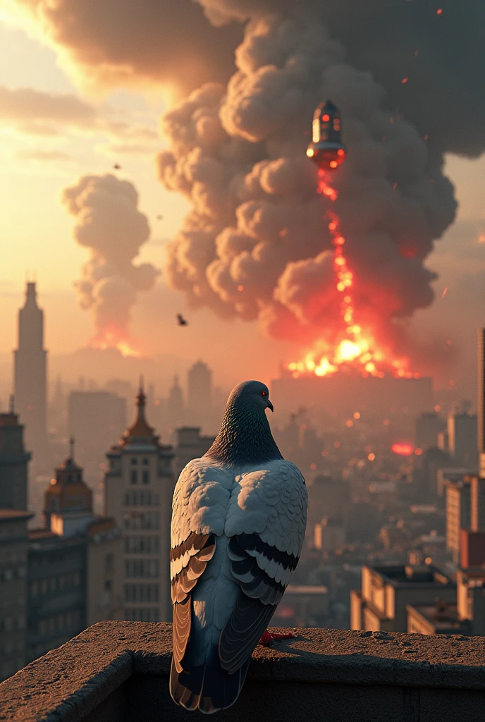 Pigeon in a city while the world is on fire and aliens destroy the earth with super strong lasers, and with atomic bombs, space fire, and robotic grills with laser eyes, and private, and machines with laser beams and lots of destruction, and dust 