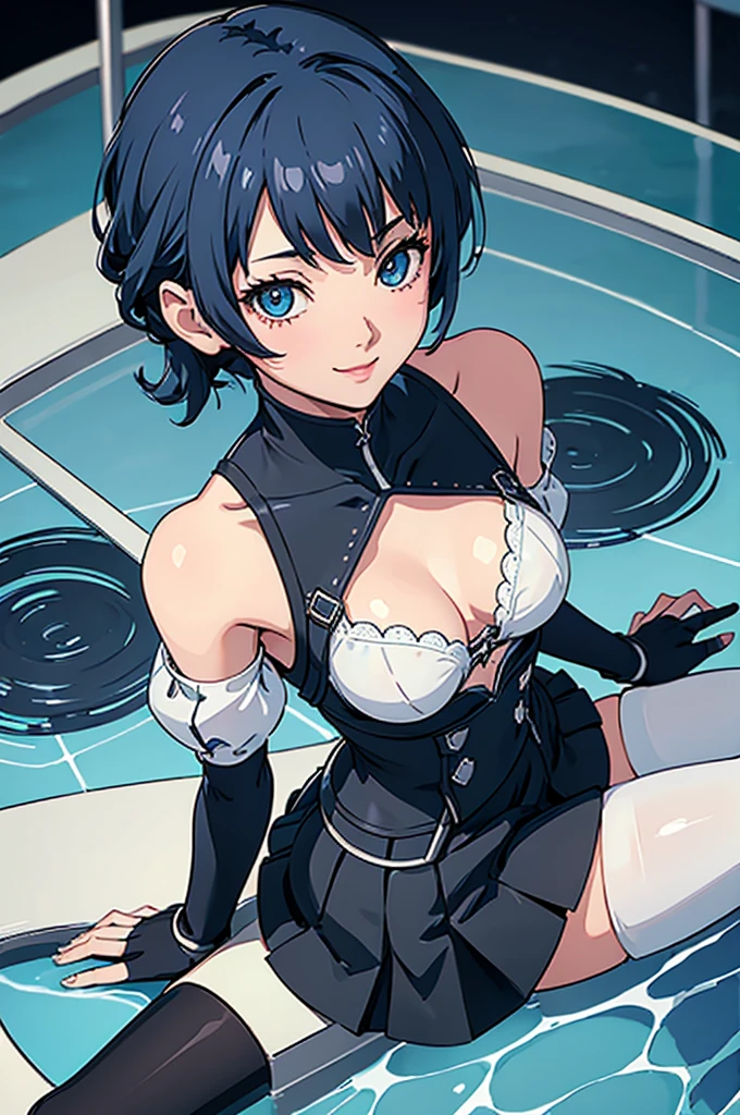 aaaqua, 1girl, absurdres, masterpiece, blue eyes, blue hair, breasts, chest strap, elbow gloves, gloves, highres, (skirt), (kingdom hearts), looking at viewer, transparent water floor, smile, solo, clear sky, open field, empty background, wide sleeves, medium breasts, detatched sleeves, black shorts , fingerless gloves, light background, (thighhighs), sitting on the floor, view from the above, dymanic view、Showing off her panties、mini skirt、Not wearing a bra、The dust sparkles、Blushing、Open-chested maid outfit、See-through clothing、I&#39;ll show you how to roll up your panties with my own hands、White panties、shame