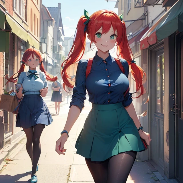 (masterpiece image), (very detailed image, (best high quality high definition image), (carefully detailed textures and pixels), (carefully detailed character and background), (alone solo character)
{{(1character: 1 red-haired elf girl:((fair skin), (green eyes), (red hair tied in two high-short-twintails with light-blue ribbons),(absolute beauty), (big breasts), (nice figure), (nice hips)),((walking cheerful with good style and nice vibes), happy fave, enjoying the moment, smiling)),((dark-blue shirt), (light-blue skirt), (navy-blue pantyhoses)),(morning at the danish shopping, walking around very happy)}}