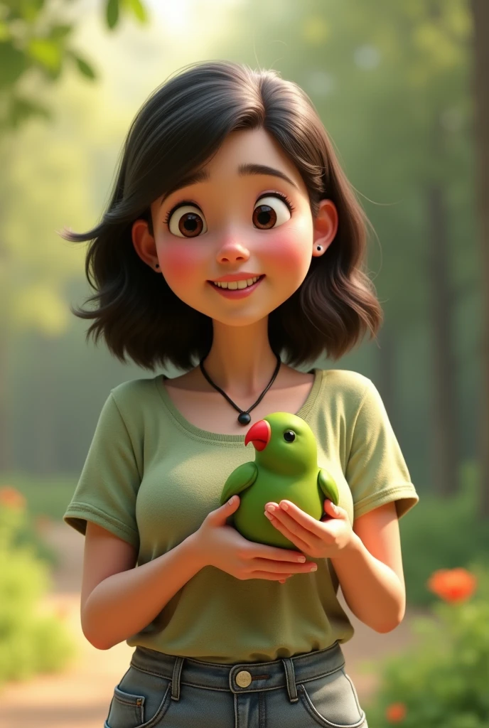 3d animation, chubby woman, with medium-length dark brown hair, holding a small green bird, with a red beak, black necklace of the ring neck species Psitaculla krameri