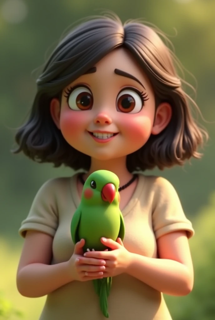 3d animation, chubby woman, with medium-length dark brown hair, holding a small green bird, with a red beak, black necklace of the ring neck species Psitaculla krameri