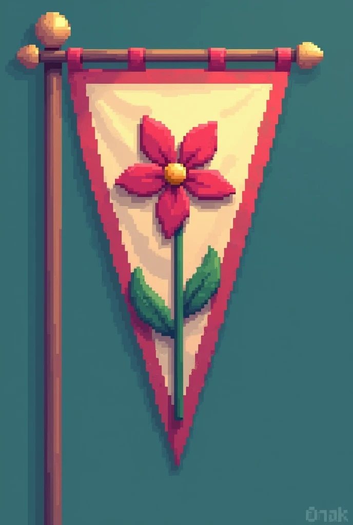 A pennant, with a five-petal flower in the middle. The pixelated image 