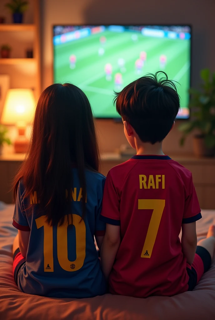 A couple name Mohona (girl) and Rafi (boy) is watching a football match Between Barcelona and Real mardid in their room. Wearing Jersey and Their name behind the Jersey. Their Jersey number will be 10 and 7. It's need to show their name properly.
