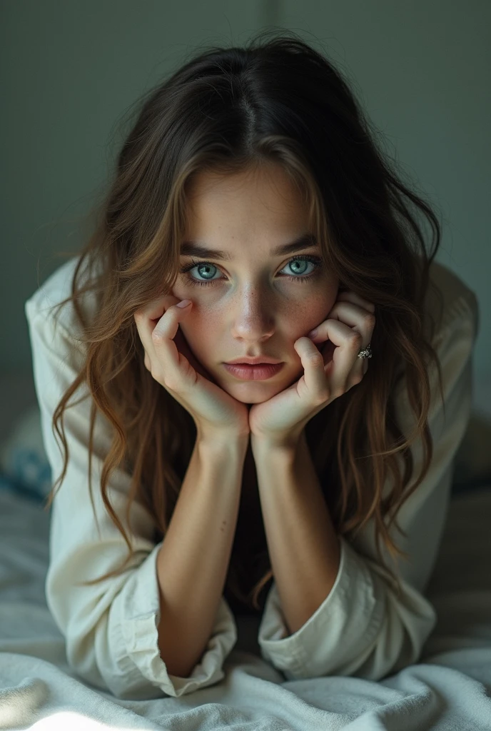 (photorealism:1.2), the body of a old adolescent woman with blue eyes and brown hair stand on face with a black sweat