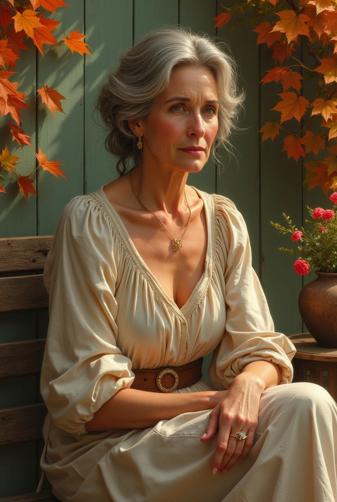   Create a detailed and realistic portrait of a 50-year-old woman, Place her in a setting that captures the essence of autumn, such as a garden bench with warm lighting, a rustic backdrop or an outdoor scene with autumn foliage. Include small rose flowers in the portrait, perhaps as a bouquet in her hand or as a centrepiece on a nearby table. Make sure the overall picture evokes the feeling of warmth, cosiness and tranquillity characteristic of the autumn season.’ Greg Rutkowski, by Alphonse Mucha