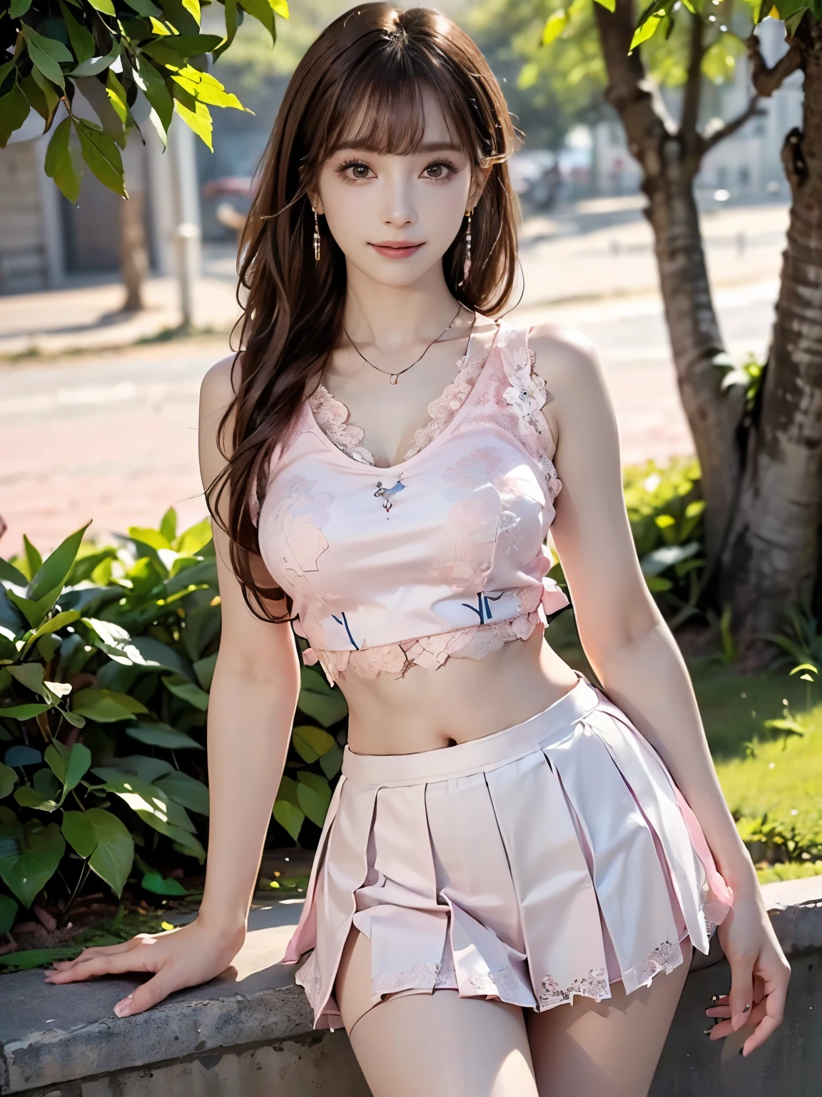 ((((Highest quality))))、(((Ultra-precision CG16K wallpaper)))、(((masterpiece)))、(((Super detailed)))、(((Extreme detail)))、((1Mature 2 woman:1.6))、((Very beautiful Japan face of a person))、((Urizane Face:1.8))、((Medium Straight Hair、blunt bangs:1.6))、(Shiny Hair)、Beautiful face depicted in detail、(Detailed eyes、Shining black eyes)、double eyelid、High nose、Small nostrils、Small Mouth、Seductive lips、Beautiful breasts、((B cup size breasts))、Cleavage、Vertical belly button、Beautiful feet、((Thin thighs))、eight-headed body、Perfect proportions、Perfect Anatomy、Perfect composition、Beautiful detailed shading、Beautiful, natural lighting、Beautiful detail glow、Depth of written boundary、(((High chroma)))、(((Real:1.9)))、((vivid:1.5))、((Beautiful Skin))、((Skin Texture))、((Realな皮膚感))、(((Cowboy Shot:1.6)))、(((front view、shoot from front、front low angle:1.6)))、(((smile:1.6)))、(((looking at camera:1.6)))、Bright daylight、Natural light、(((background_garden、null:1.4)))、(Standing Pose:1.6)、(((Pink lace tank top&White low rise pleated mini skirt:1.8)))、((necklace、Wearing earrings:1.5))、