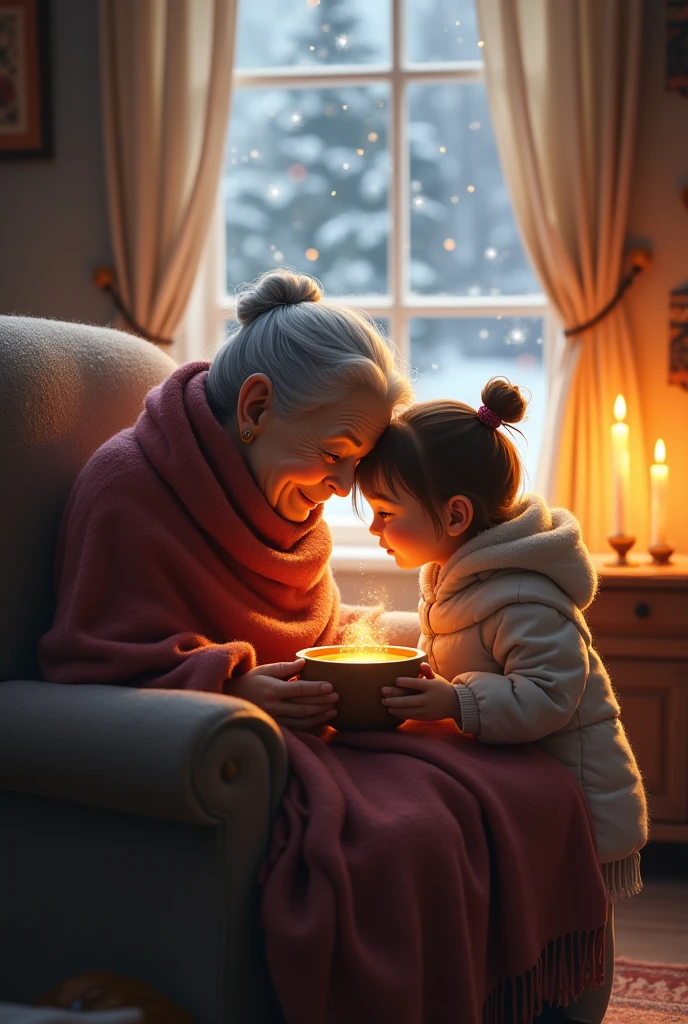 A sick grandmother with her adorable grand daughter in a room eating soup and snow coming from window. There is a winter season . Candles are burning and grandmother feeling comfortable with her soup