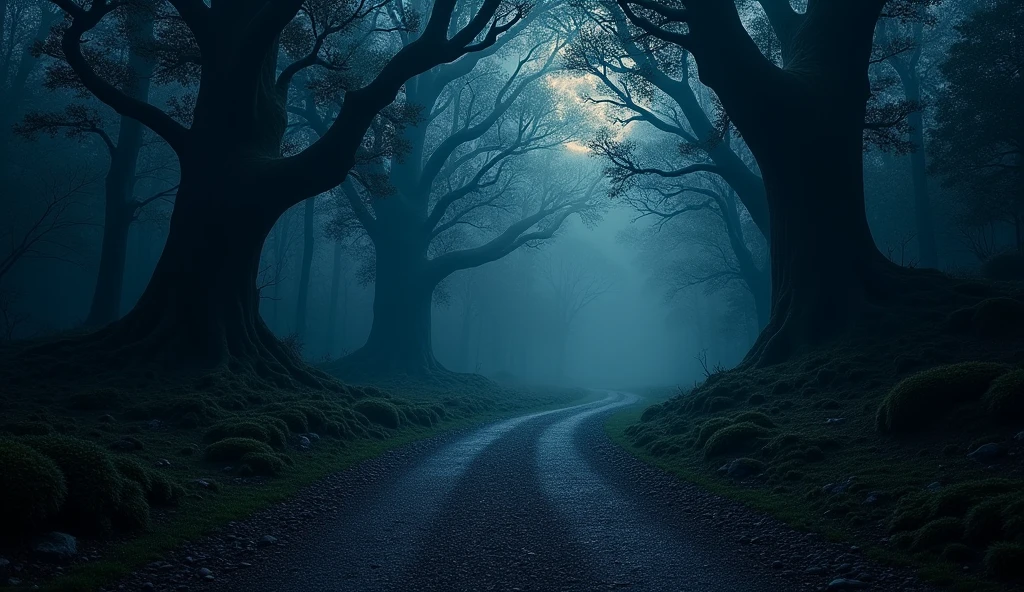 wallpaper of dark forest gravel path, night sky with milky way slightly visible