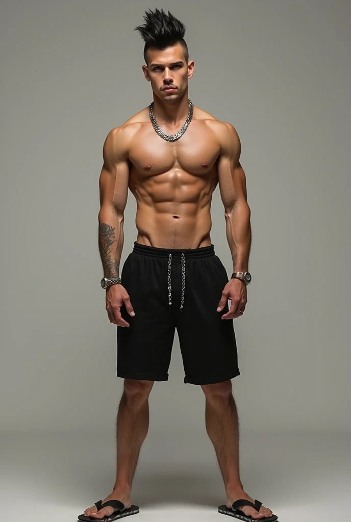 A shirtless guy with a silver chain, short hair with a mohawk, black shorts, flip-flops, brown eyes and a six-pack. 