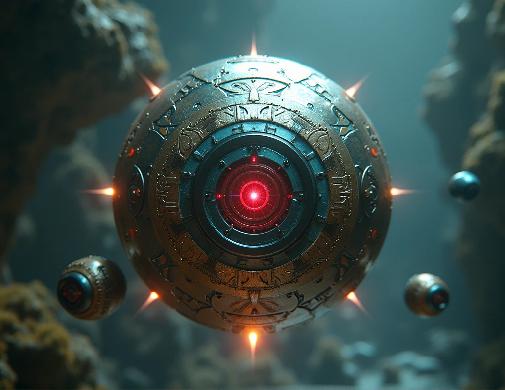 Description of the Alien Device Image: Shape and Size: A sphere of approximately one meter in diameter, floating lightly in the air, with a metallic and futuristic appearance. Texture and Color: The surface of the dial is made of a silver metal with an iridescent finish that changes color depending on the viewing angle.. It has a soft glow that emits a dim light. Details: The dial is decorated with intricate geometric patterns and alien runes that appear to move slowly, as if they were alive. In the middle, There are a series of slits and grooves that form a kind of interconnected network.. Lighting effects: Along the surface of the sphere, There are lines of blue and green light that flash in rhythmic sequences. In the visible core, A red pulsating light indicates an imminent explosion.. Additional Features: The sphere is surrounded by a series of small floating devices that appear to be sensors or energy projectors., creating a weak force field around it. colorful