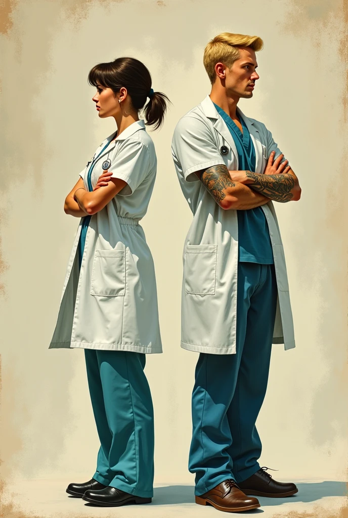 Hello, good afternoon. I would like a drawing of a man and a woman, in the style of American book covers. They have their backs to each other, with crossed arms. They are both doctors. He is tall, has a tattoo on his arm and blonde hair, he is wearing a surgical scrub and looks angry. She's short, pediatrician, wears a lab coat, has dark brown hair .