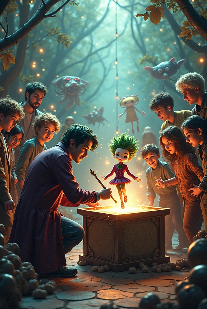 Make a POST in which a character is in the middle of the image turning the crank of the box with the Joker dancing ballet, and the other characters around Mad Hatter Cyborg Echo (Maya Lopez)
Jason Grace
Leo Valdez
Loki
Nico di Angelo
Piper McLean
Professor Xavier
Reyna Avila
Toph
Thor