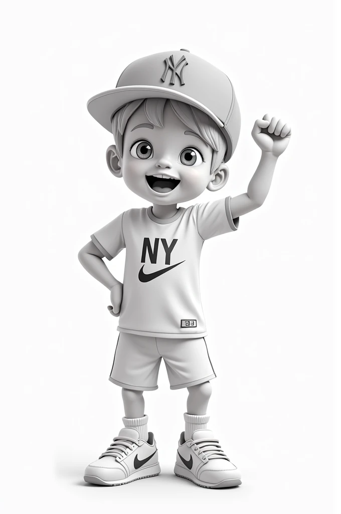 Create a logo of a boy with a cap on and that says NY and dressed in NY clothes and that is celebrating the Champions League and the World Cup and that is white and has Nike shoes