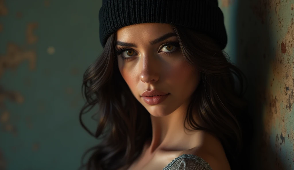 A seductive woman wearing a burglar-style beanie, with a daring neckline, posing confidently. She has an intense, captivating gaze, and the outfit accentuates her curves, blending mystery and allure