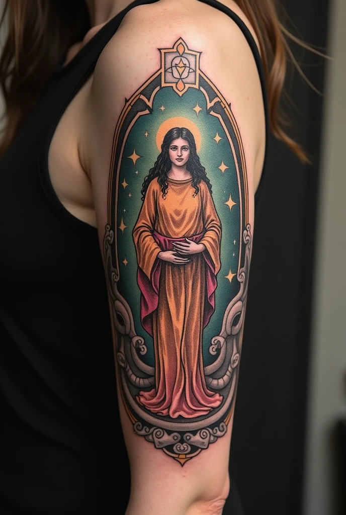 A tattoo of approximately 15cm that is a typical tarot card that symbolizes the love of God, resilience, faith and overcoming 