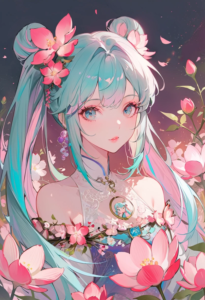 Long haired and blue eyed anime character posing in a flower bed, trending on artstation Pixiv, top rated on Pixiv, digital art on Pixiv, Mikudayo, Pixiv, guweiz on Pixiv artstation, Pixiv contest winner, Hatsune Miku portrait, Zerochan Art, Pixiv daily ranking, Hatsune Miku portrait