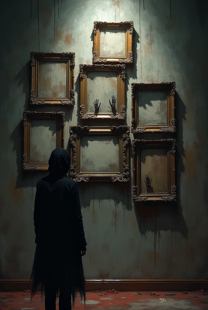 create a cover for a book called unfinished paintings with these features Unfinished Paintings: Display pictures on a wall, but all unfinished, with dark and disturbing details. May include brush strokes that appear to have stopped abruptly.
dark environment: Choose a dark color palette, like shades of black, gray and deep red. Add a soft light by partially illuminating the frames, creating dramatic shadows.
Elementos visuais:

shadowy figure: Add a shadowy figure or silhouette watching the frames, suggesting a mysterious presence.
brush texture: Use brush textures around the edge of frames to emphasize the unfinished feel.
Sinister Details: Small details like eyes hidden in shadows or skeletal hands reaching out of the frames can add a touch of terror..