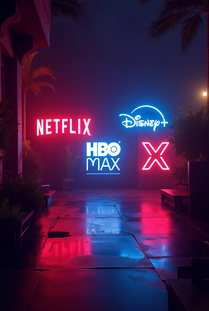 Todas as logos de streaming. Netflix, Max, disney+, crunchyroll, prime video com luzes neon