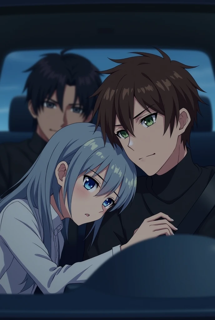 Anime girl with long gray hair and blue eyes sitting in a car resting her head on the chest of a 2 young man with brown hair and green eyes and sharp and serious features and putting his hand on her head and sitting next to the girl is a 2 young man with black hair and brown eyes 