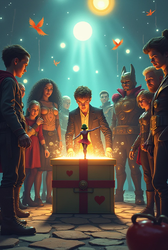 Make a POST in which a character is in the middle of the image turning the crank of the box with the Joker dancing ballet, and the other characters around Mad Hatter Cyborg Echo (Maya Lopez)
Jason Grace
Leo Valdez
Loki
Nico di Angelo
Piper McLean
Professor Xavier
Reyna Avila
Toph
Thor