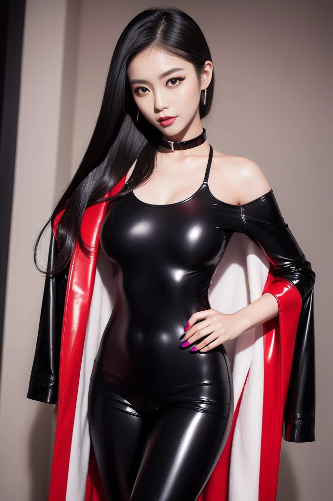 a sexy asian fashion model, glossy lips, happy smile, defined eyebrows, dramatic makeup, long lashes, full body, detailed latex business dress, latex choker and bracelets, colorful hair, nsfw, high quality, 8k, ultra-detailed, photorealistic, professional, vivid colors