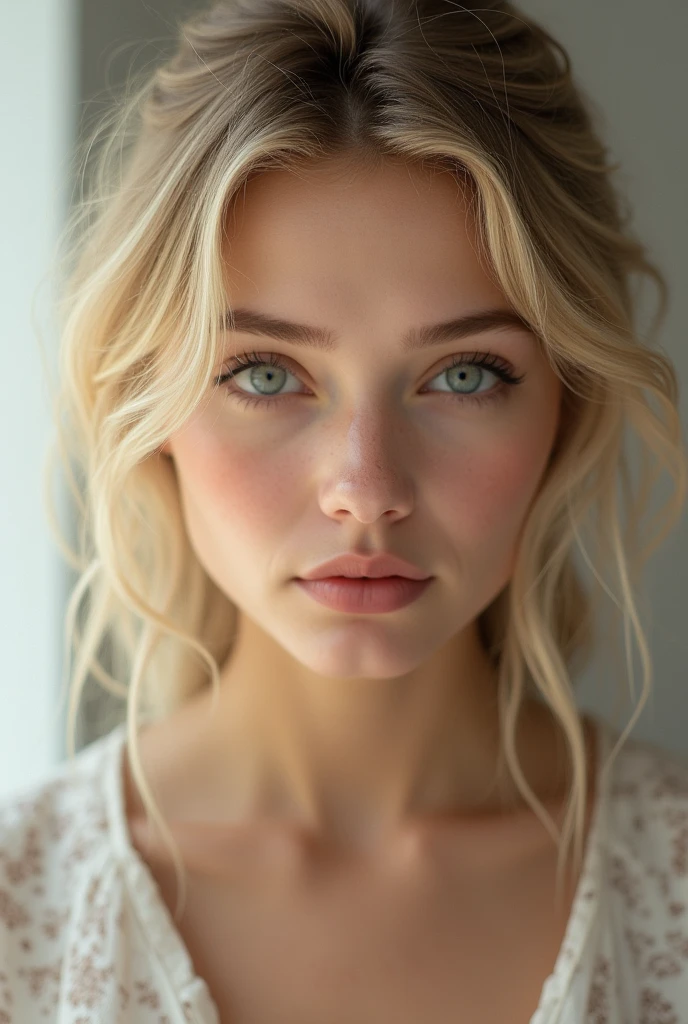 Femme magnifique, une vingtaine d’annee, attirante, blonde, face detail