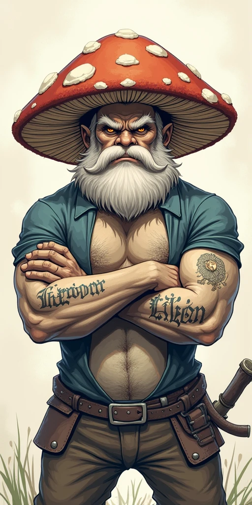 An anthropomorphic Mushroom Gnome with a menacing, gruff demeanor. He has a large, round mushroom cap for a head, casting a shadow over his narrowed, angry eyes, accented by bushy eyebrows. His body is large with a prominent round belly, and muscular arms crossed over his chest, one bearing a flaming heart tattoo. His belly features a6 tattoo of a lion and dragon in battle. Stubby, muscular legs jut from his belly, each with tattoos--one a mushroom, the other the word "Pyreroom" His large, hairy feet emphasize his primal connection to nature. The character blends whimsical gnome traits with the hardened edge of a seasoned warrior, with textures contrasting the soft mushroom cap against his rugged skin and tattoos.