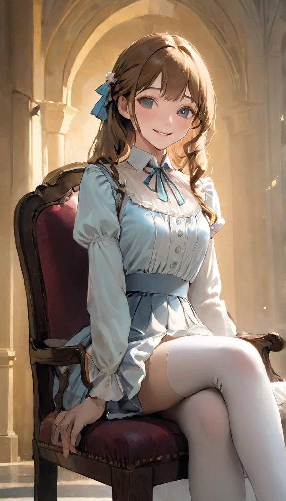 Florence Nightingale, (Ballet Costumes), Sitting in a chair, Smiling for the camera, White formal shirt, Loose collar button, Swollen nipples, Long, loose hair, (Delicate illustrations: 1.4), (Renaissance art: 1.4), (Ultra-high resolution: 1.2), (Photorealism: 1.4), (8k, RAW Photos: 1.2), (Soft Focus: 1.4), ( 1: 1.3), (Sharp focus: 1.4), Beautiful face with attention to detail, Pure rose face_v1、Showing off her panties、mini skirt、Not wearing a bra、The dust sparkles、Blushing、Open-chested maid outfit、See-through clothing、I'll show you how to roll up your panties with my own hands、White panties、shame