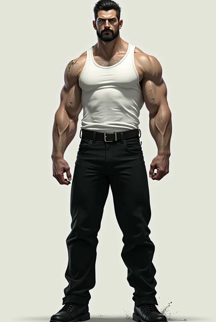 Tall Man, muscular, white tank top, black hair, short hair, black eyes, X-shaped scar on left cheek, short beard and mustache, pale, black pants, black shoes.