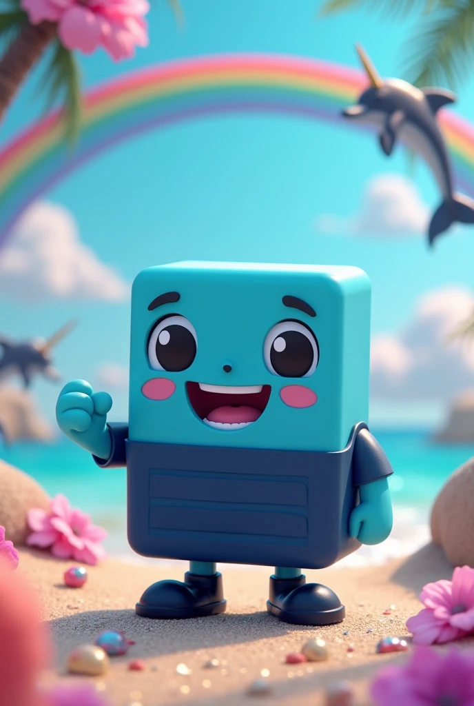 Square USB with cute face, blue color with black feet ,cheered up. With a short-sleeved navy blue shirt.
 back rainbow, glitter and unicorns and dolphins on the beach