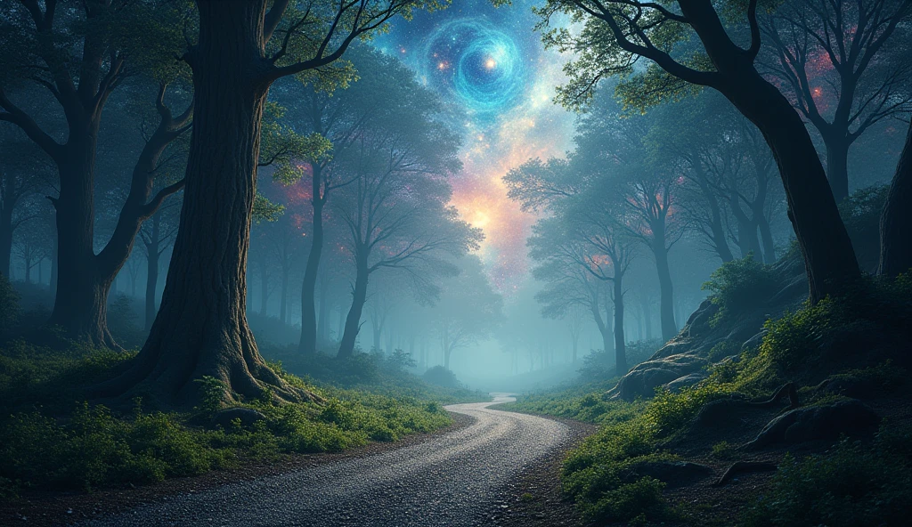 wallpaper of dark forest gravel path, sky is galaxy view of many planets magic view, 8k