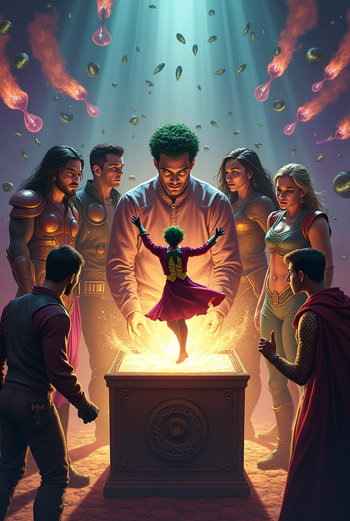 Make a POST in which Léo Valdez is in the middle of the image turning the crank of the box with the Joker dancing as a dancer, and the other characters around Mad Hatter Cyborg Echo (Maya Lopez)
Jason Grace
Leo Valdez
Loki
Nico di Angelo
Piper McLean
Professor Xavier
Reyna Avila
Toph
Thor