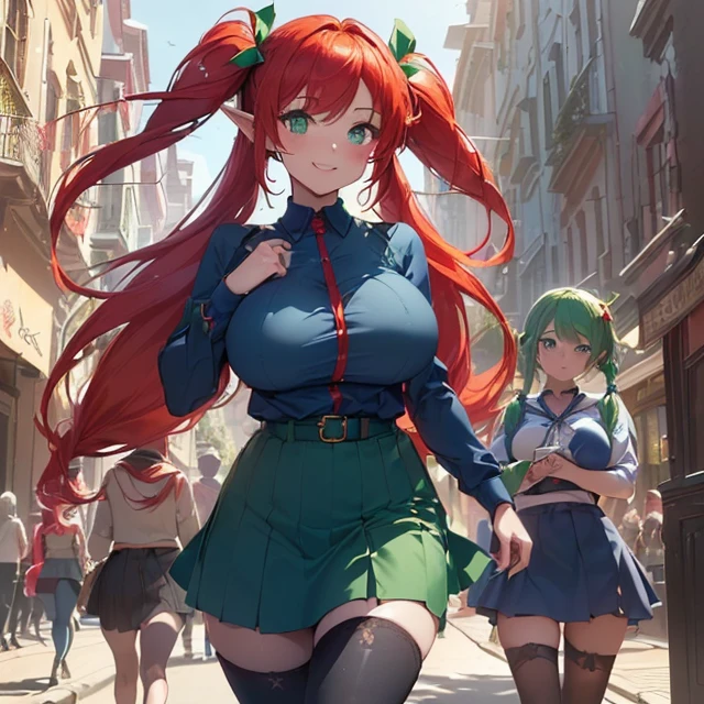 (masterpiece image), (very detailed image, (best high quality high definition image), (carefully detailed textures and pixels), (carefully detailed character and background), (alone character, solo), (HD), (High resolution), (Fantasy), (anime)
{{(1character: 1 red-haired elf girl:((fair skin), (green eyes), (red hair tied in two high-short-twintails with light-blue ribbons),(absolute beauty), (big breasts), (nice figure), (nice hips)),((walking cheerful with good style and nice vibes), happy fave, enjoying the moment, smiling)),((dark-blue shirt), (light-blue skirt), (navy-blue pantyhoses)),(morning at the danish shopping, walking around very happy)}}