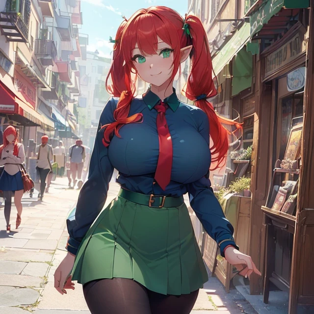 (masterpiece image), (very detailed image, (best high quality high definition image), (carefully detailed textures and pixels), (carefully detailed character and background), (alone character, solo), (HD), (High resolution), (Fantasy), (anime)
{{(1character: 1 red-haired elf girl:((fair skin), (green eyes), (red hair tied in two high-short-twintails with light-blue ribbons),(absolute beauty), (big breasts), (nice figure), (nice hips)),((walking cheerful with good style and nice vibes), happy fave, enjoying the moment, smiling)),((dark-blue shirt), (light-blue skirt), (navy-blue pantyhoses)),(morning at the danish shopping, walking around very happy)}}