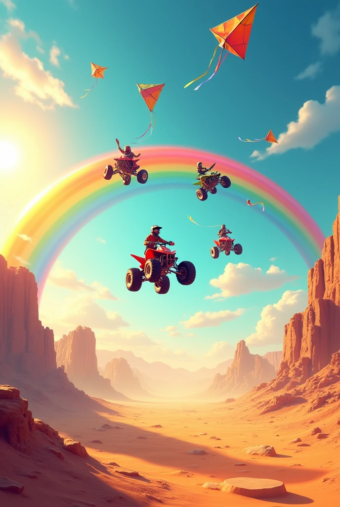 Rainbow in a sunny day of desert with a atv bikes flying in the sky. Flying kites in the sky