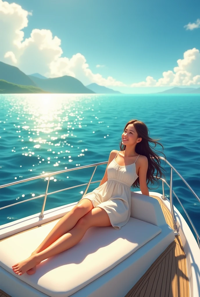 Japanese anime style,woman,Luxury Cruise Ship,Lying in a chair on the deck,Living elegantly,Champagne in hand,sunglasses,Japanese Style,アニメのwoman,Very happy