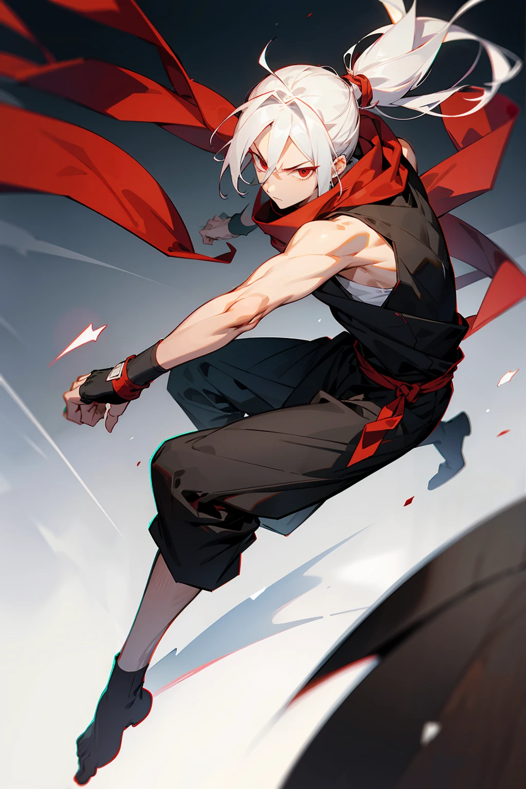 1male, Adult, Ponytail, White Hair, Black Sleeveless Shirt, Baggy Black Pants, Red Eyes, Red Scarf, Fighting Stance