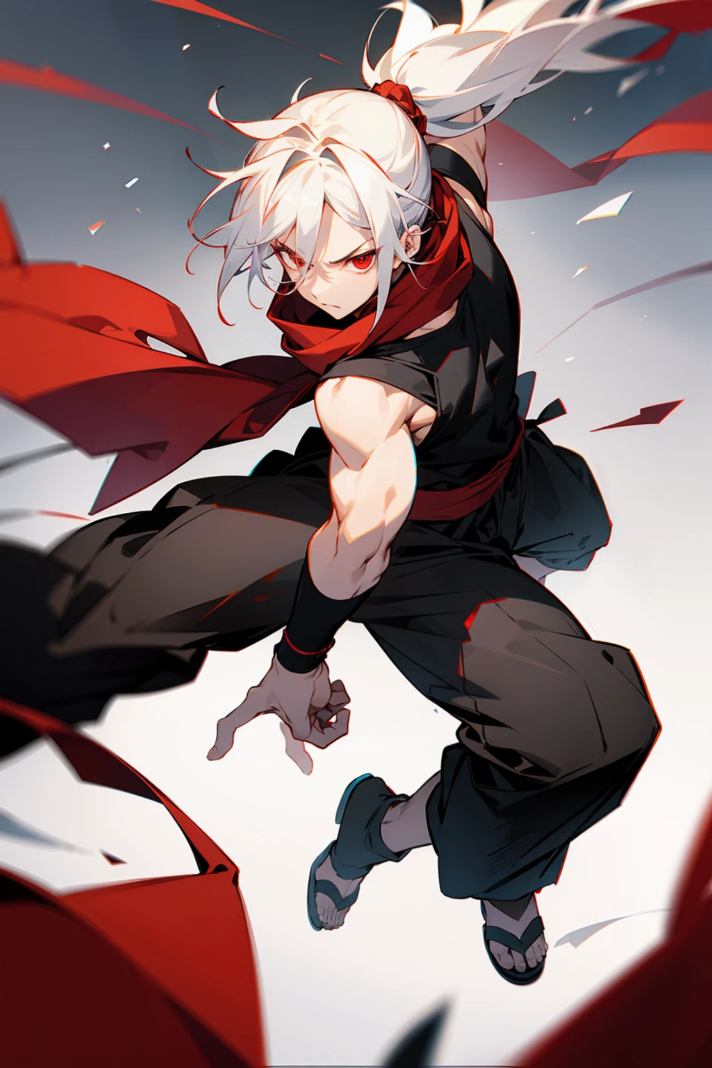 1male, Adult, Ponytail, White Hair, Black Sleeveless Shirt, Baggy Black Pants, Red Eyes, Red Scarf, Fighting Stance