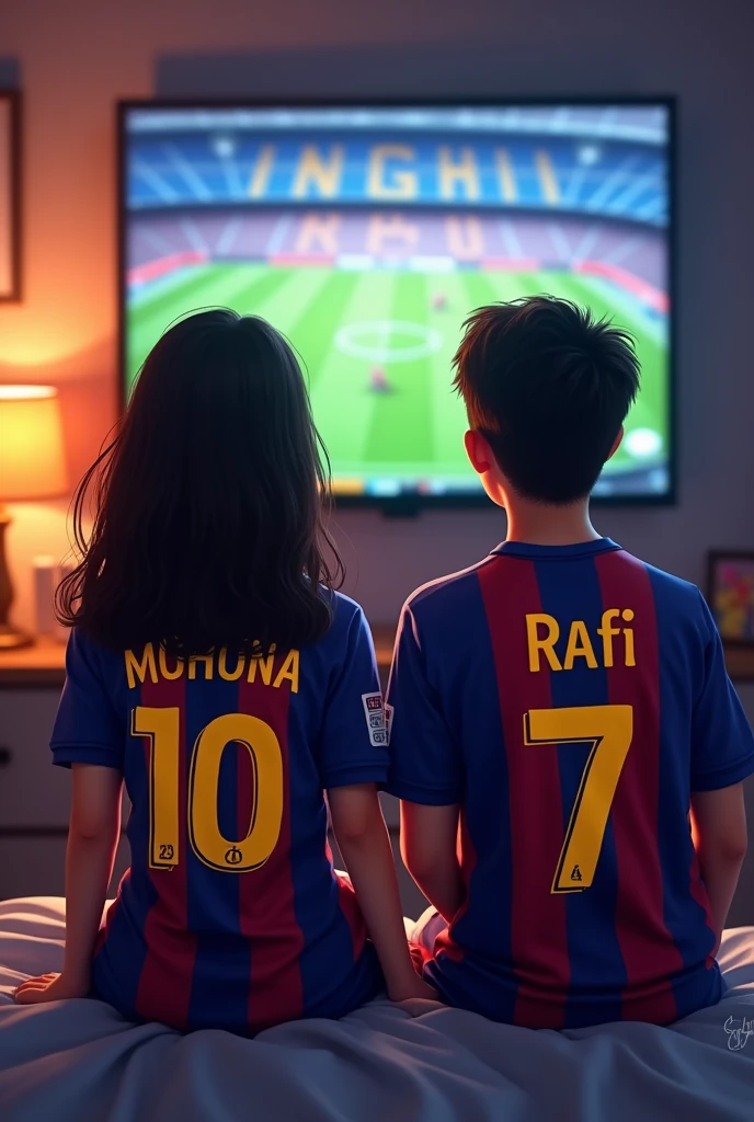 A couple name Mohona (girl) and Rafi (boy) is watching a football match Between Barcelona and Real mardid in their room. They are 20 years old. Both are Wearing Jersey and Their name behind the Jersey. Their Jersey number will be 10 and 7. It's need to show their name properly.