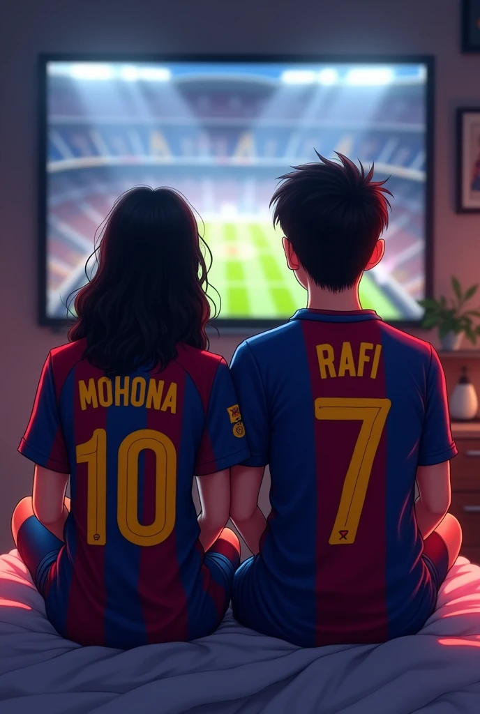A couple name Mohona (girl) and Rafi (boy) is watching a football match Between Barcelona and Real mardid in their room. They are 20 years old. Both are Wearing Jersey and Their name behind the Jersey. Their Jersey number will be 10 and 7. It's need to show their name properly.