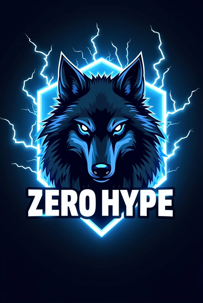 Gamer logo with a wolf with glowing eyes and blue lightning with ZERO HYPE written on the front
