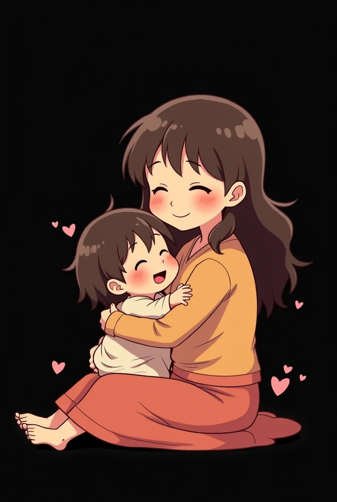 Beautiful mom emoji, with her child, love, background, black emoji photo, child in moms hand, mom is sitting, the sine with happy, only uper body, like anime