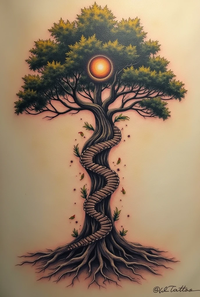 My tattoo idea - **central tree:** in the center of the composition, a majestic and detailed tree that symbolizes the cycle of human life.

    - **Roots as Sperm:** The roots of the tree are formed by countless intertwined sperm cells, arranged in a helical structure reminiscent of a DNA double helix. These roots extend deep into the earth, showing vitality and complexity, with brilliant details that highlight its importance in the generation of life.

    - **Trunk with Embryonic Evolution:** The tree trunk displays, carved or incorporated harmoniously, the five stages of human embryonic development, arranged from bottom to top:
        1. **fertilized egg:** A luminous sphere at the base of the trunk, radiating energy and potential.
        2. **4-cell embryo:** A simple geometric formation, showing the first cell division.
        3. **8-cell embryo:** A more complex structure, indicating progress in development.
        4. **Mórula:** A compact cell mass, representing preparation and transformation.
        5. **Blastocyst:** A more defined and structured form, ready for deployment, symbolizing advancement and readiness.
    Each stage is fluidly connected, with smooth transitions that reflect the continuity and flow of human development.

    - **Foliage as Placenta:** At the top of the trunk, the tree&#39;s crown opens into dense, protective foliage that resembles a placenta. The leaves have warm and welcoming tones, with soft textures that provide nutrition and protection. In the center of this foliage, is a **newly formed baby**, in the fetal position, wrapped in leaves as if in a natural womb. A soft, heavenly light illuminates the baby, highlighting it as the final fruit of this creative process.

- **Additional Elements:** To enrich the composition and deepen the symbolism, elements such as can be added:
    - **Lu Particles